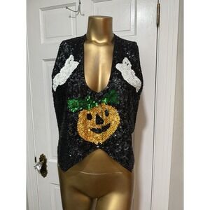Halloween Womens Sequin Vest Ghost Pumpkin Holiday Fun Unique Unusual Size Small